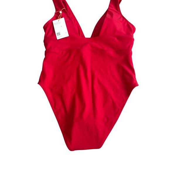 QUINCE Red Italian Plunge One Piece Swimsuit Bathing Suit Size Large NEW NWT - Picture 2 of 10
